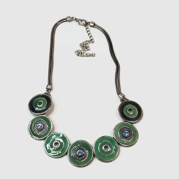 Vintage T Street Paris Enamel & Blue Rhinestone Silver Tone Necklace 18" - Picture 1 of 6